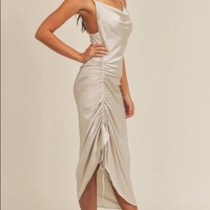 Spaghetti Strap Front Side Ruching Midi Dress